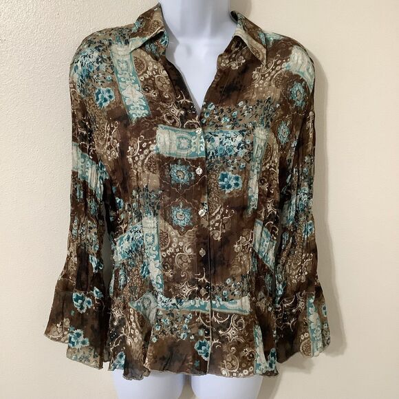 Vintage Y2K Ruffle Brown Fairycore Artsy Fairy Boho Paisley Crinkle Top Large - Picture 1 of 11